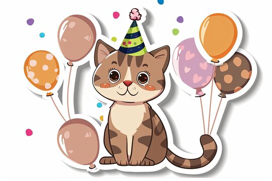 Cute cat with birthday hat and balloons.