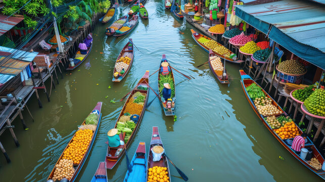 A vibrant floating market with colorful boats selling fresh produce and local delicacies, showcasing Thailand's rich culture