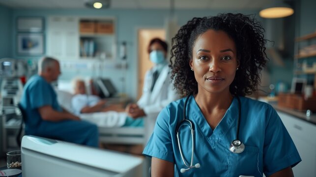 Female nurse in scrubs stands at a desk using a computer, a patient and doctor behind her on a bed in the background