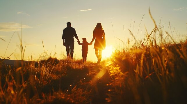 Silhouette of happy family walking in the meadow at sunset - Mother, father and child son having fun outdoors enjoying time together - Family, love, mental health and happy lifestyle concept