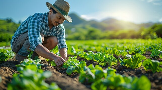 Joyful farmer in Southeast Asia tending to a vegetable garden under the clear blue sky capturing the satisfaction and joy of farming realistic photo, high resolution , Minimalism,