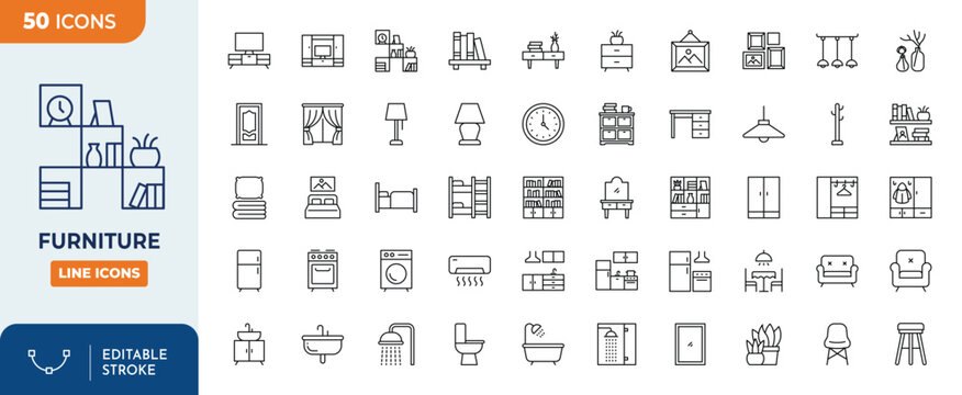 Furniture icon set line editable stroke	