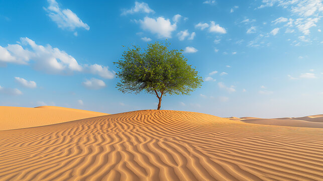 a vast desert landscape, rippling sand dunes, lone tree