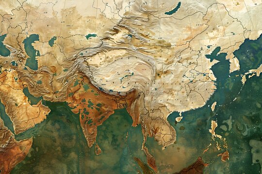 Relief Map of Asia, Depicting Geographical Features