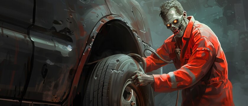 A zombie mechanic works on a car tire in a dark, eerie environment, blending horror and humor in a unique automotive scene.