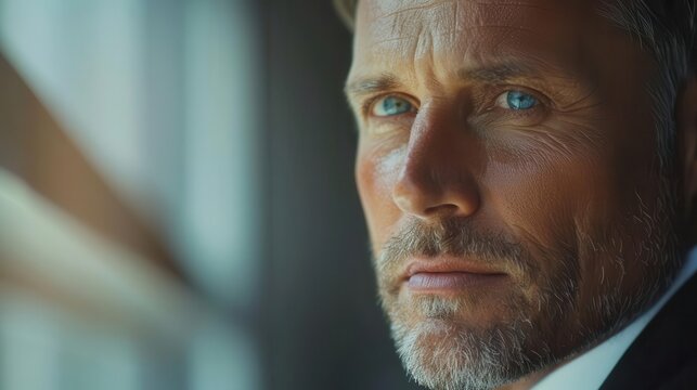 Close-up portrait of a man with intense blue eyes, looking directly at the camera. He has a confident expression, with a hint of determination.