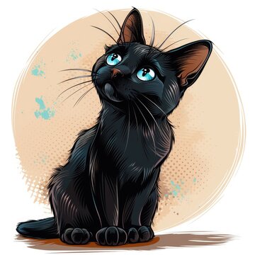 Cartoon black cat on a white background, graphic style, capturing a cute and funny animal portrait with distinctive fur details.