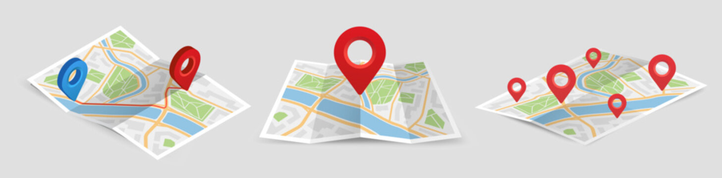 Set of maps with pin. Icons with folded city map and red direction pointer. GPS navigation, route movement and location search. Realistic 3D vector illustration collection isolated on background