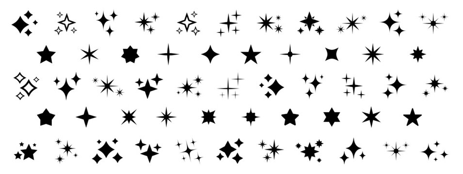 Stars icon collection. Different star shapes. Black stars icon set.  Sparkle star icon set. Vector illustration