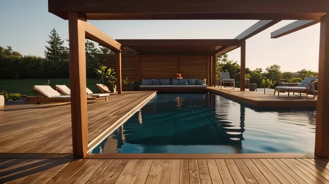 Video footage of outdoor swimming pool area during the daytime. The rectangular pool is surrounded by a wooden deck, where lounge chairs are placed