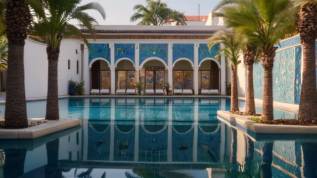 Video footage of outdoor swimming pool area. The rectangular pool is surrounded by a paved space adorned with palm trees on either side