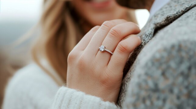 Wedding Ring Focus. Couple Celebrating Engagement with Sparkling Diamond Ring Close-Up on Hand in Cozy Fall Sweater Outdoors