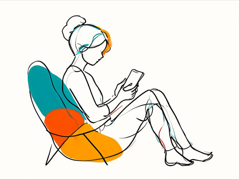 Woman in relax reading book in arm chair in single line drawings with colorful spots