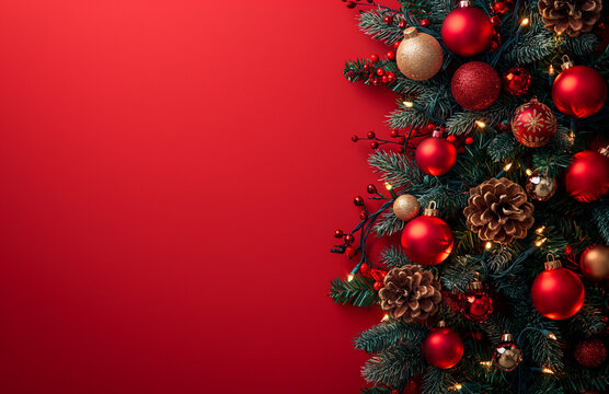 A beautifully decorated Christmas tree on red background