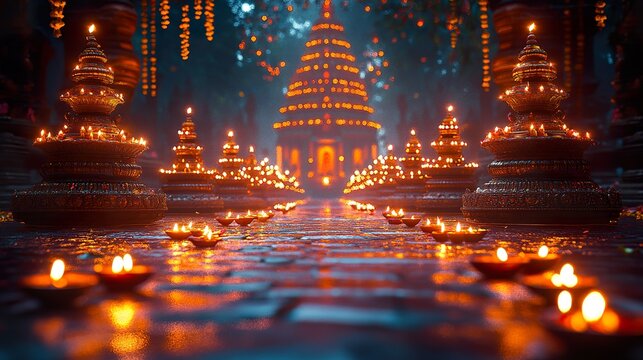 A detailed shot of an Indian temple illuminated with diyas and lights for Diwali