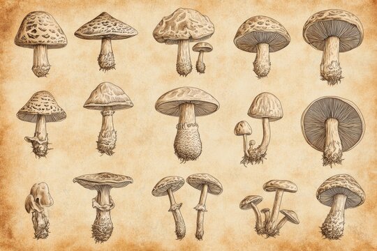 Detailed drawings feature an array of mushroom specimens arranged beautifully on a textured background, highlighting their unique structures and characteristics