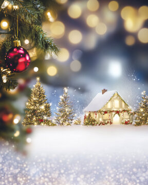 Christmas holidays decoration with colorful lights, trees and ornaments. Christmas conceptual background image.