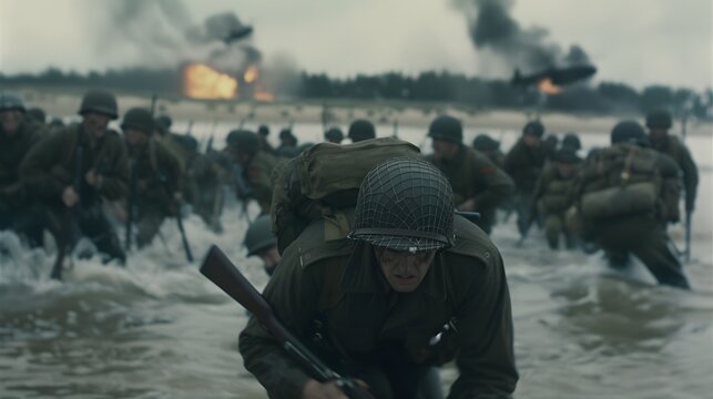 Digitally restored vintage World War II photo of American troops wading ashore on Omaha Beach during the D-Day invasion on June 6, 1944.
