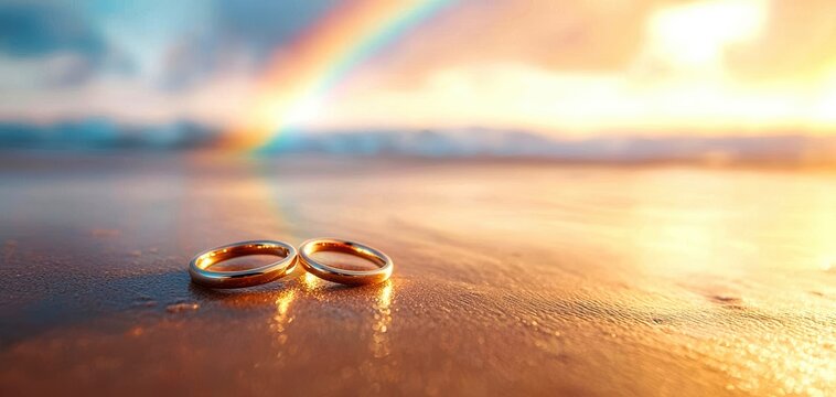 Beautiful golden wedding rings on sand, illuminated by a vibrant rainbow and sunset, symbolizing love and commitment.