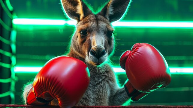 Kangaroo in boxing gloves standing in the ring with a green neon light background, designed as a high-resolution stock photo for a sports magazine cover with professional color grading and clean