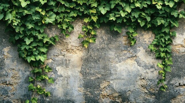 Green vines climbing up an old stone wall, nature reclaiming urban space, rustic background