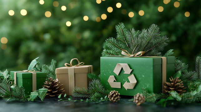 A green holiday gift box featuring the recycling symbol, surrounded by pine branches and sustainable package