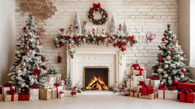 Festive Christmas fireplace Winter and Christmas holidays background