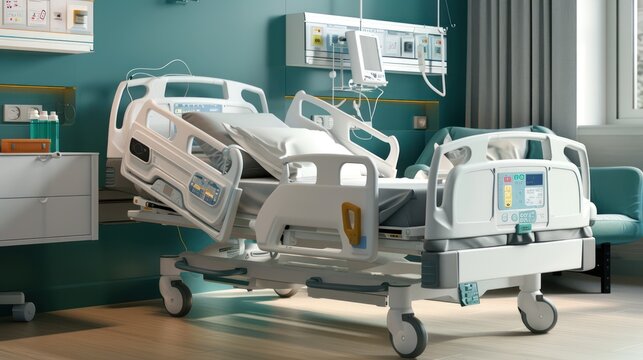 photograph of A hospital bed with a medical kit next to it and life-saving equipment installed on the side