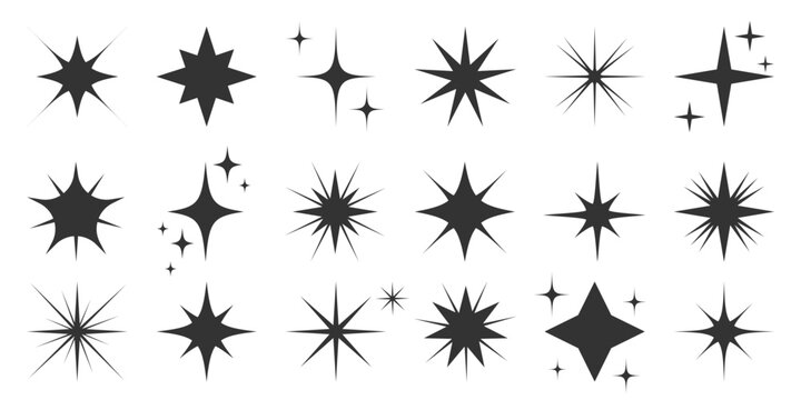 Sparkle star icons collection. Modern simple bling spark. Flash Flare Burst Magic shine Twinkle Glint Clean Effect. Black geometric stars shapes. Glitter symbol