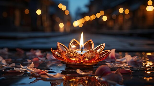 happy diwali background with burning candles, dark and blurred background