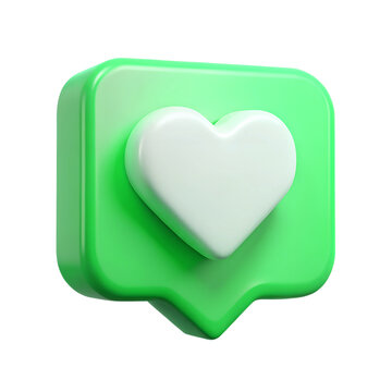 social media like notification green icon with heart symbol. Social media success concept - 3d rendering - different colors