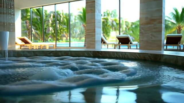 swimming pool with a panoramic view of green trees visible from the footage glass window