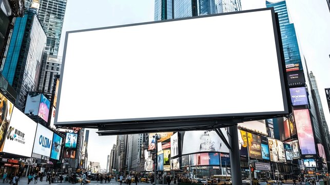 Large blank billboard in times square new york city with busy crowded street and tourists