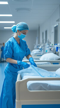 Healthcare worker in PPE preparing a hospital bed in a sterile environment