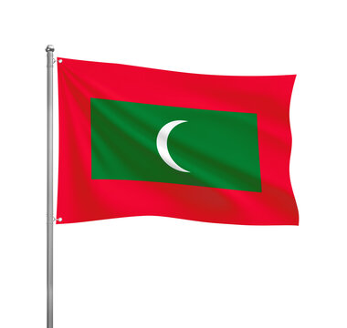 Maldives flag waving in the wind on a silver pole, isolated on transparent background