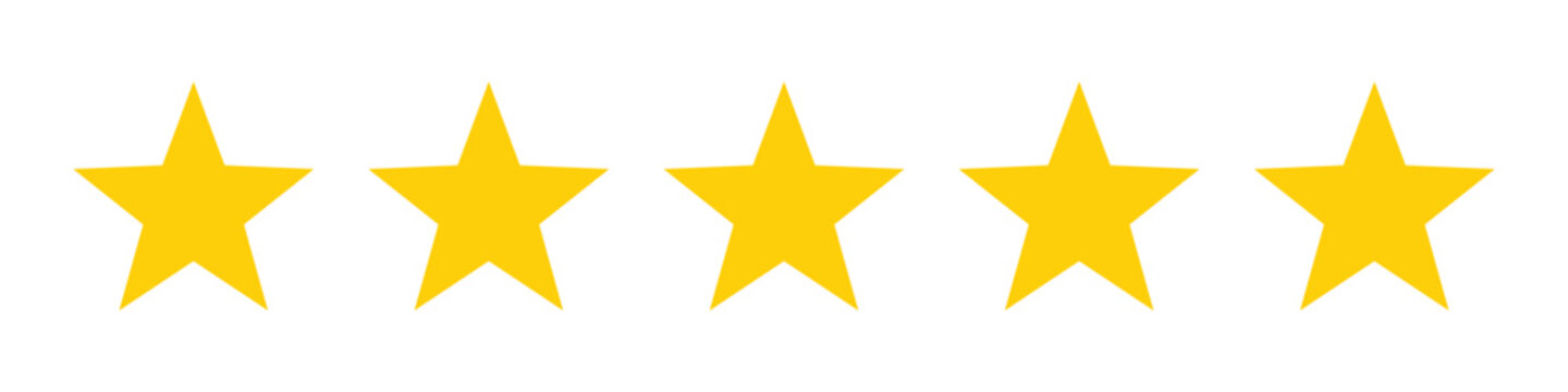 five stars customer product review icon. yellow 5 star  rating feedback for website, app, ui design. transparent png and vector illustration.