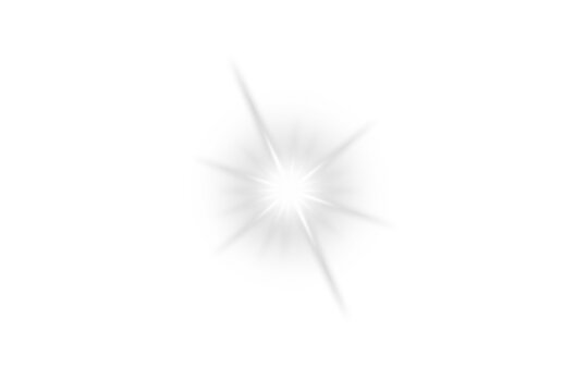 White sparkle light effect isolated on transparent background. Glowing silver white light. Shining star, light spark with rays. Light sparkle bling effect. Light PNG. Flare light, lens flare