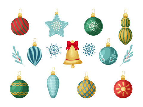 Set of Christmas balls on a white background. Christmas decorations for the tree. Collection of Christmas balls of different shapes. Bell with bow and snowflakes. Vector