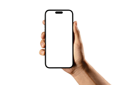 Hand holding smartphone mockup as png photo with blank screen isolated on white background. mobile phone hand mockup