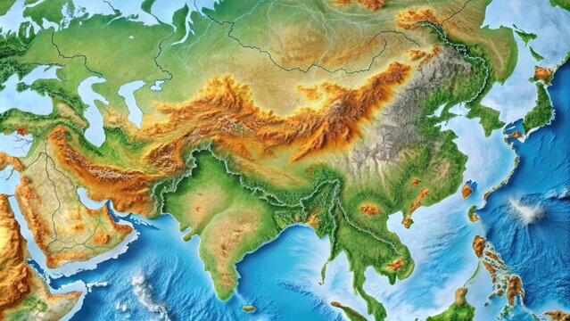 Detailed Geographical Map Of The Asian Continent Showcasing Prominent Mountain Ranges In Shaded Relief