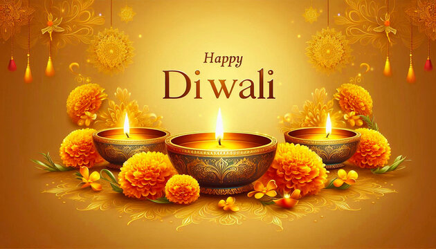 Indian Hindu festival Happy Diwali Greetings card with gold text and gold Diya lamp design and marigold flower flower in soft golden yellow background