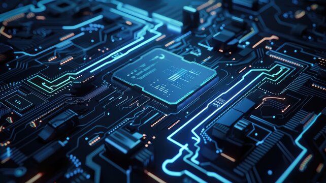 Close up of a detailed electronic circuit board. Macro photography of electronic circuit with glowing light. Technology innovation photography for design and print. Macro shot of motherboard. AIG53.