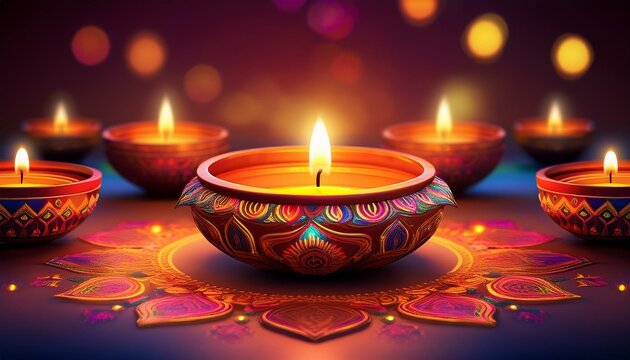 Happy Diwali - Clay Diya lamps lit during Dipavali, Hindu festival of lights celebration. indian decor brightness