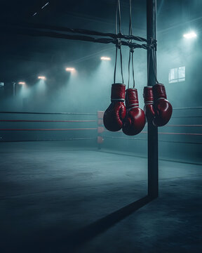 Boxing Gloves Hanging In A Boxing Ring