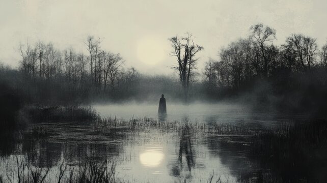 Ghostly figure floating above a foggy pond in eerie silence.