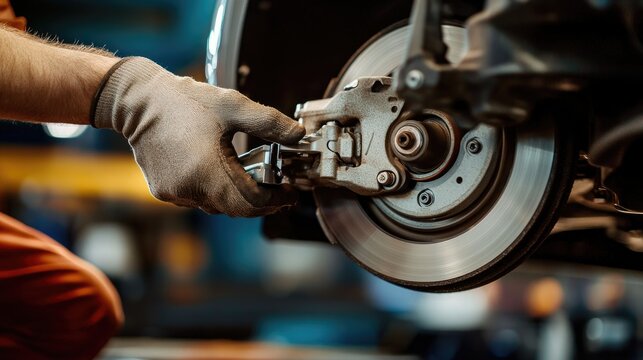 A close-up of an auto hands adjusting the brakes on a car, with brake pads and discs clearly visible