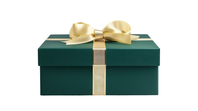 Gift box green with gold ribbon on transparent background