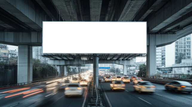 Blank billboard on a busy urban highway with traffic beneath, perfect for advertisement mockups and cityscape designs.