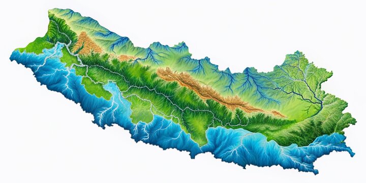 Vibrant green and blue illustration of Nepal's geographical map with Himalayan mountains, rivers, and borders,