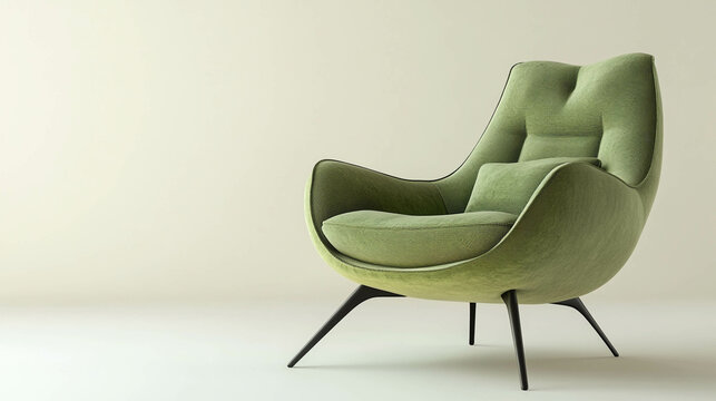 A modern and comfortable armchair in green colors isolated on a light beige background 